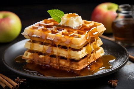 Viennese waffles with honey and cottage cheese. Waffles with cream and whipped creamの素材