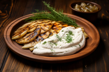 Zucchini pancakes with sour cream in a plate with dillの素材