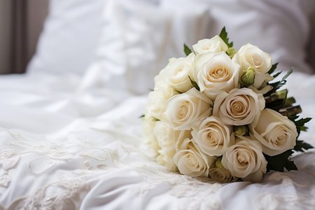 The bride's wedding bouquet of white roses lies on the bed next to the wedding dress with laceの素材