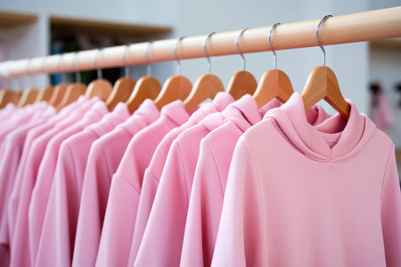 Pink hooded sweatshirts hanging on a hanger in the storeの素材