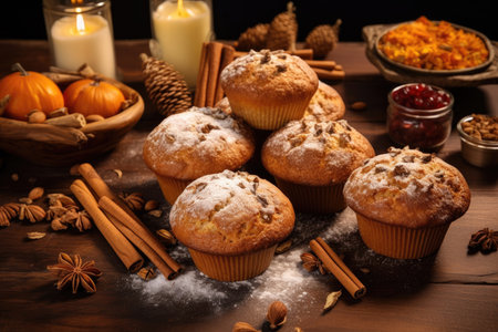 Homemade autumn cakes or cupcakes with nuts and spices, cozy atmosphereの素材