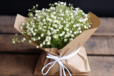 A bouquet of white gypsophila flowers in a craft package stands on a wooden tableの素材