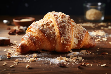 A crunchy croissant with nuts lies on a wooden tableの素材