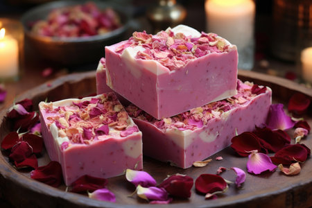 Handmade soap with rose petals. Organic soap with red rose flowers handmade at home.の素材