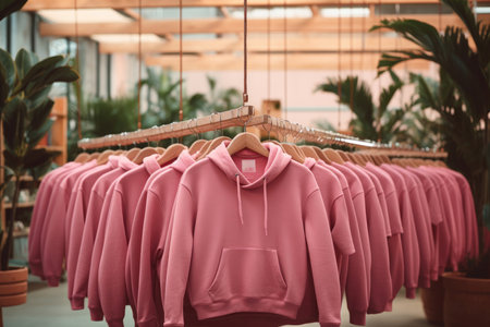 Pink things, bikes and sweatshirts hang on a hanger in the storeの素材