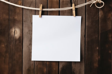 White sheet hanging on a rope on clothespins, wooden background, place for textの素材
