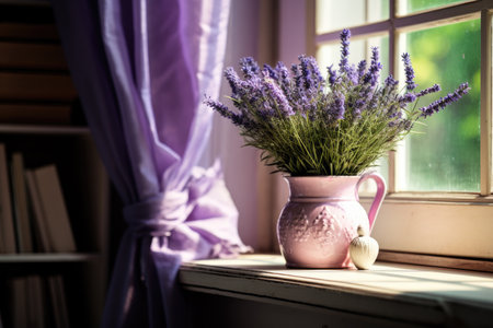 Lavender flowers on the window in a pot at homeの素材