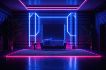 The interior of the room with neon purple lighting. Sofa in a room with minimal interiorの素材