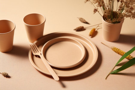 Dishes made of eco-friendly materials are on a tray with leaves of a green plant on a beige backgroundの素材