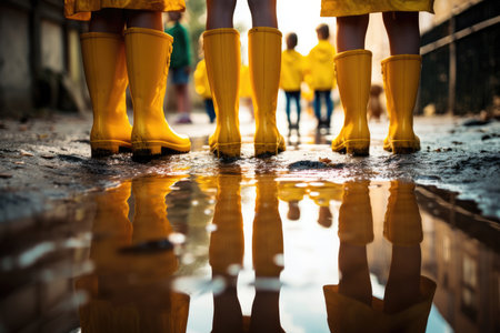 Children walk in yellow rubber boots near a puddle in rainy weatherの素材