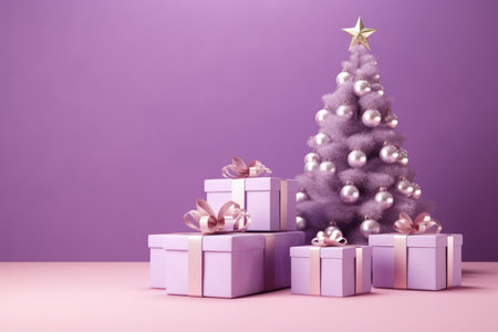 Purple Christmas gift boxes with Christmas tree toys. New Year's giftsの素材