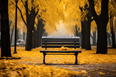 A park bench under autumn leaves. Leaves fall from the treeの素材