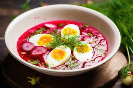 Red borscht with boiled egg and vegetables in a plate, coldの素材