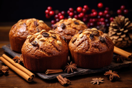 Homemade autumn cakes or cupcakes with nuts and spices, cozy atmosphere of autumnの素材
