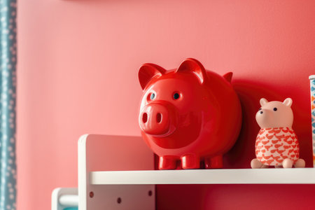 The red piggy bank is on the shelf near the booksの素材