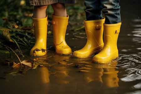 Children's feet in yellow rubber boots stand in a puddle in rainy weather in the parkの素材