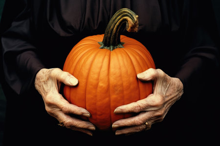 The old woman's hands are holding a round pumpkin. A witch with a pumpkin. The concept of preparing for Halloweenの素材