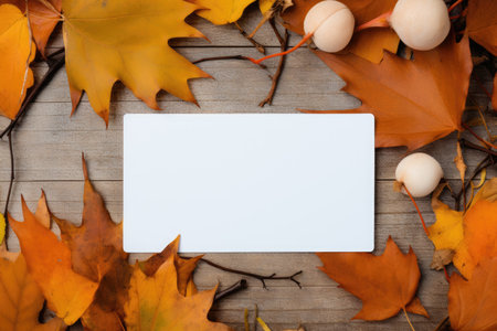 A mock-up of a white tag, a sticker with autumn maple yellow leaves. Mockup for records, a place for textの素材