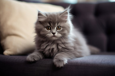Gray kitten breed British shorthair cat sitting on the couchの素材