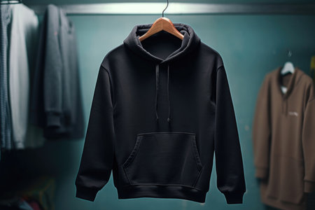 A black sweatshirt with a hood and a pocket hangs on a hanger in the closet. Place for textの素材
