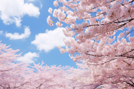 Cherry blossoms, blue sky and white clouds in the bright sunの素材