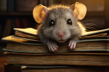 A gray mouse in a sweatshirt is sitting with books in the library. The concept of preparing for schoolの素材