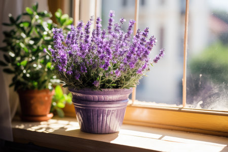 Lavender flowers on the window in a pot at homeの素材