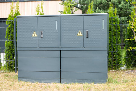 Transformer substances, metal box near the houseの写真素材