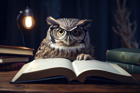 An owl with glasses is sitting in the library and leafing through a book. The concept of preparing for schoolの素材