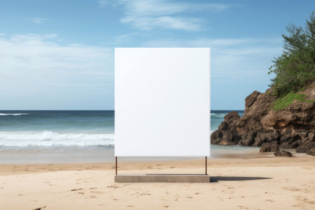A billboard with a place for text stands on the beach on the sand.の素材