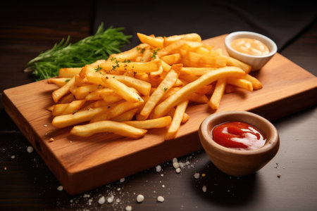French fries are lying with ketchup on a wooden board. Tomatoes and greens with French friesの素材