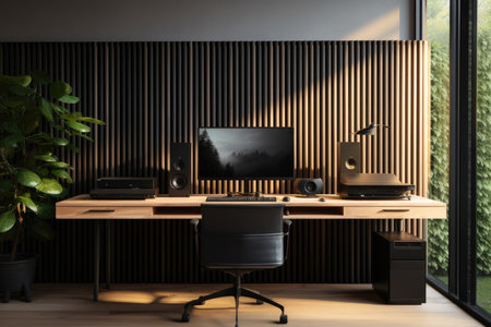 Modern interior of the room with a desk and monitor in Scandinavian style. wooden panelの素材