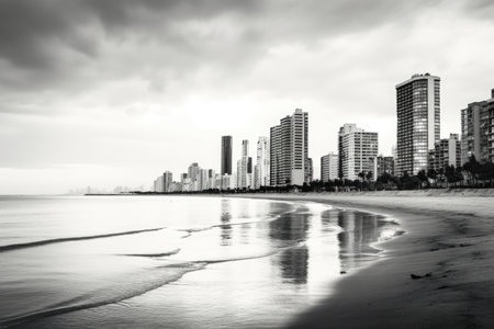 Landscape of a modern city with high-rise buildings along the coastline, black and white photoの素材