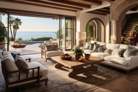 Outdoor patio in Mediterranean style with comfortable armchairs, ancient architectureの素材