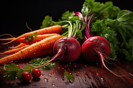 Red beets and young carrots with drops of water and green leaves from the gardenの素材