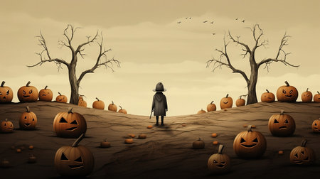 Cartoon man walks through the trees in a field with pumpkinsの素材