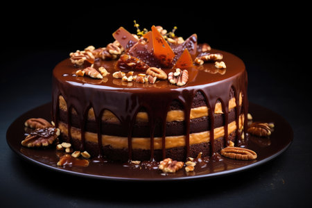 Round chocolate layer cake with nuts and chocolate icing. Pieces of chocolate and nut crumbs on the cakeの素材