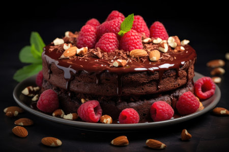 Delicious chocolate cake with raspberries and nuts decorated with mint leavesの素材