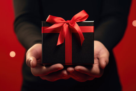 A gift in a black box with a red ribbon tied in a bow is held by a manの素材