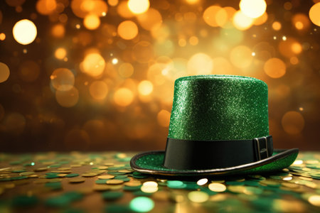 Green shiny leprechaun top hat, golden background, St. Patrick's Day celebrationの素材