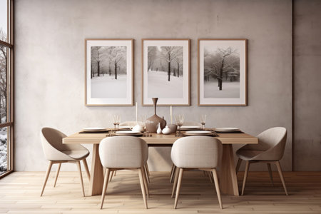 Scandinavian-style dining room interior with paintings on the wall and dining tableの素材
