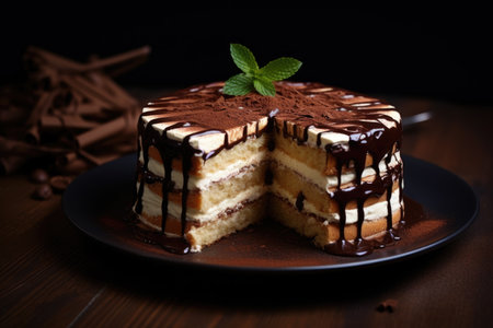 Multi-layered coffee cake with mint leaves and coffee beans on a wooden tableの素材