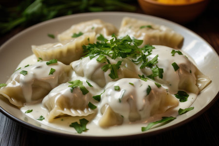 Large dumplings with sour cream, sauce and dill with herbs in a plateの素材