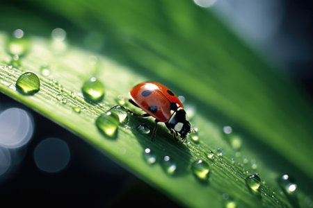 Ladybug crawls on a leaf with dew drops after rainの素材
