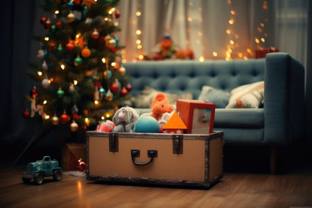 A suitcase with Christmas toys stands near the Christmas tree and sofaの素材