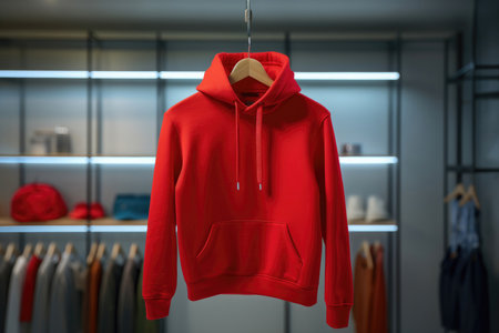A mock-up of a red oversize hoodie with a hood and pocket hanging on a hanger in the storeの素材