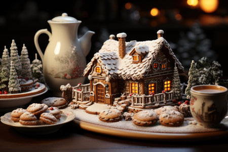 Gingerbread house on a festive table with a cup of teaの素材
