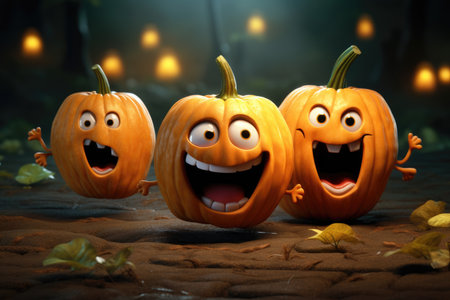 Three cute joyful pumpkins on the background of bokeh lightsの素材