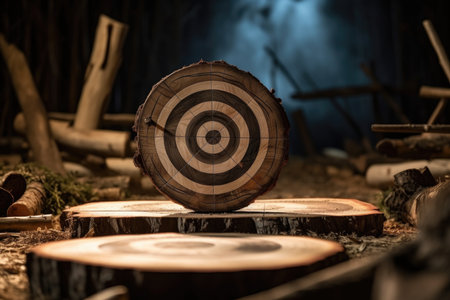 Wooden board with a red target for throwing an ax and playing dartsの素材