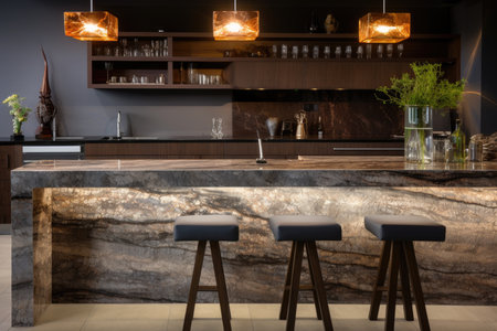 A bar counter in a modern home kitchen interior with granite countertops and high chairsの素材